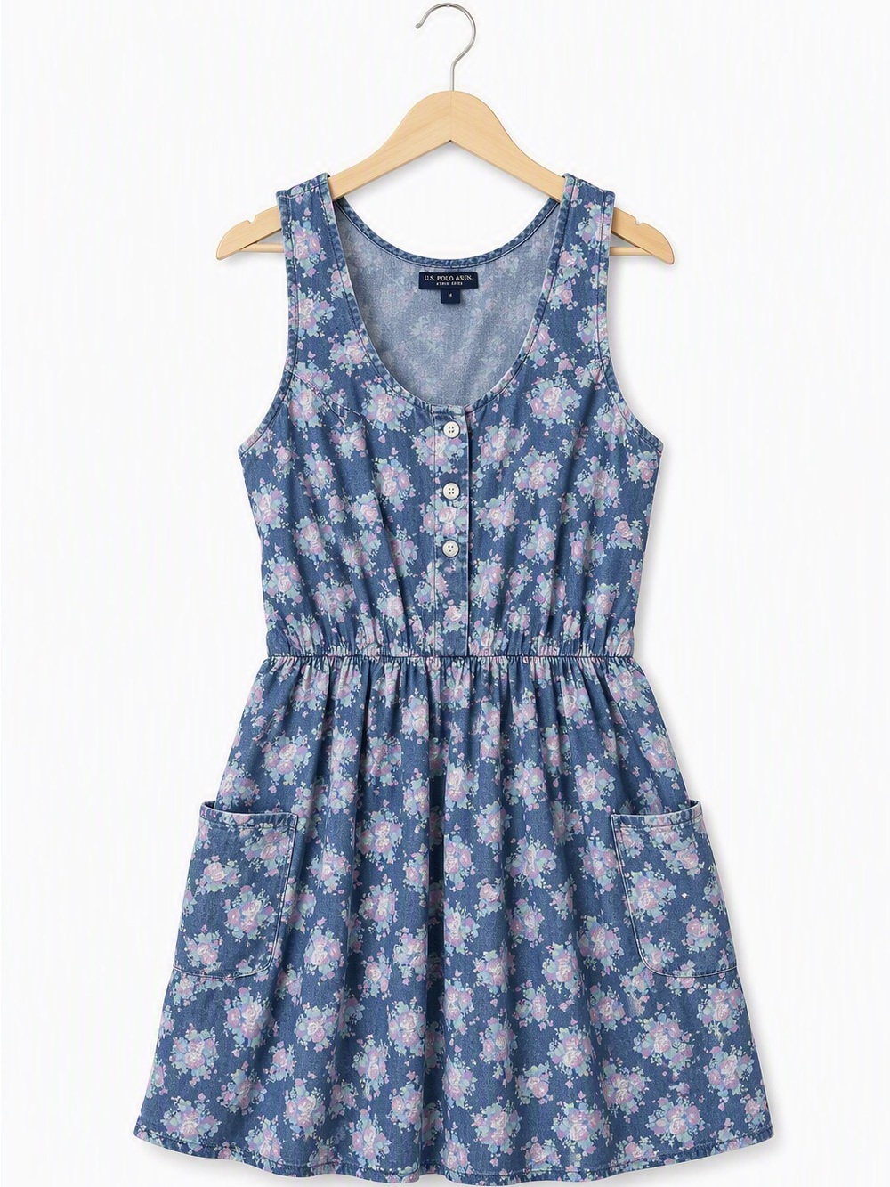 U.S. Polo Assn. Floral Indigo Chambray Drop Waist Dress Girls Small 7-8 Boho